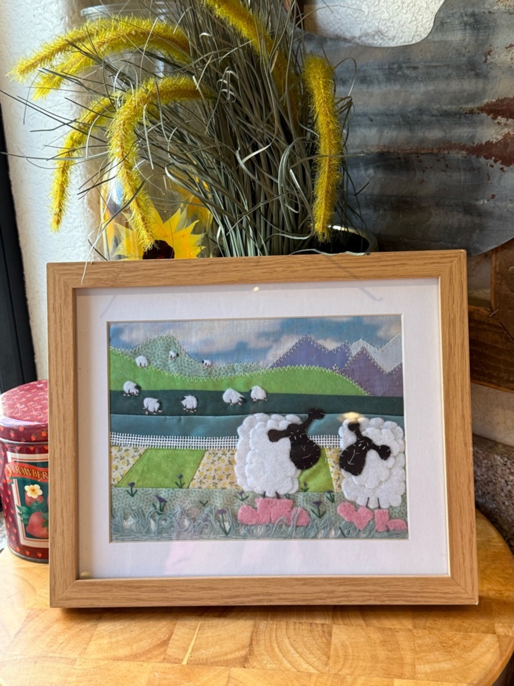 Vintage Handcrafted Sheep Meadow Textile Art Print - White & Green Set